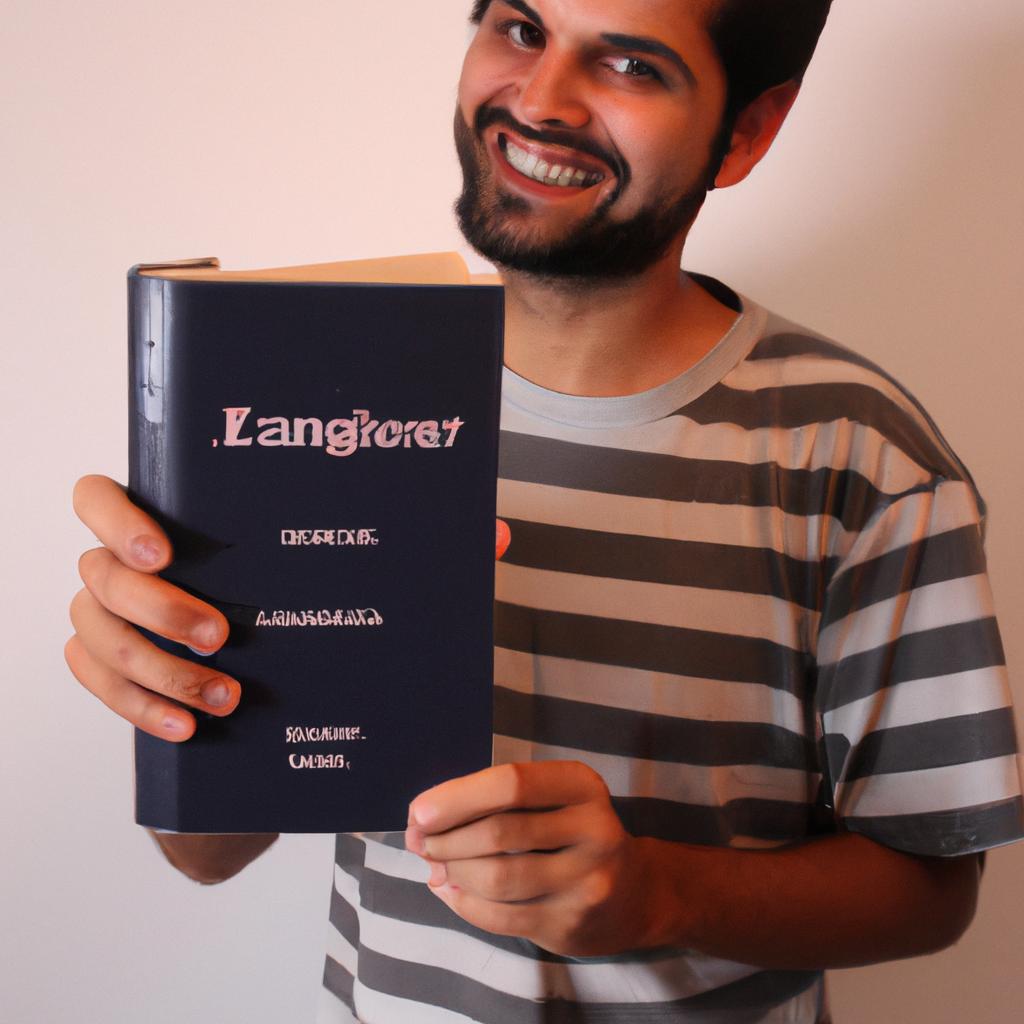 Person holding English dictionary, smiling