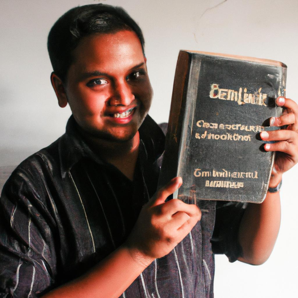 Person holding English dictionary, smiling
