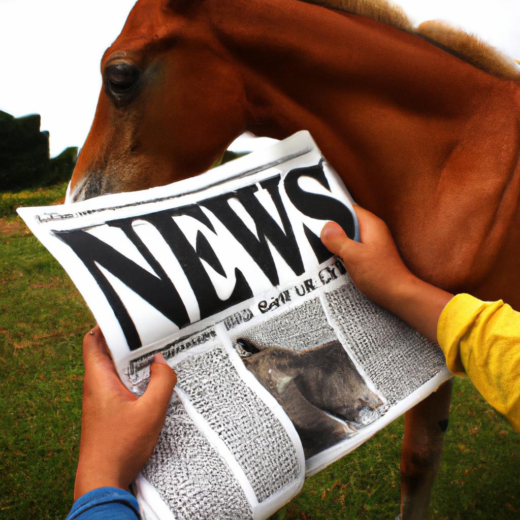 Person holding horse, newspaper title